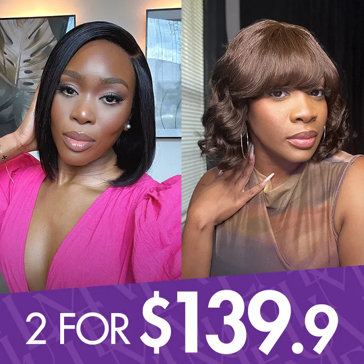 2 for $139.9 | 10 Inches Ultra Full Undetectable HD Lace C Part Bob Wig   12 Inches Brown Loose Wave Glueless Minimalist Lace Bob Wig with Bangs