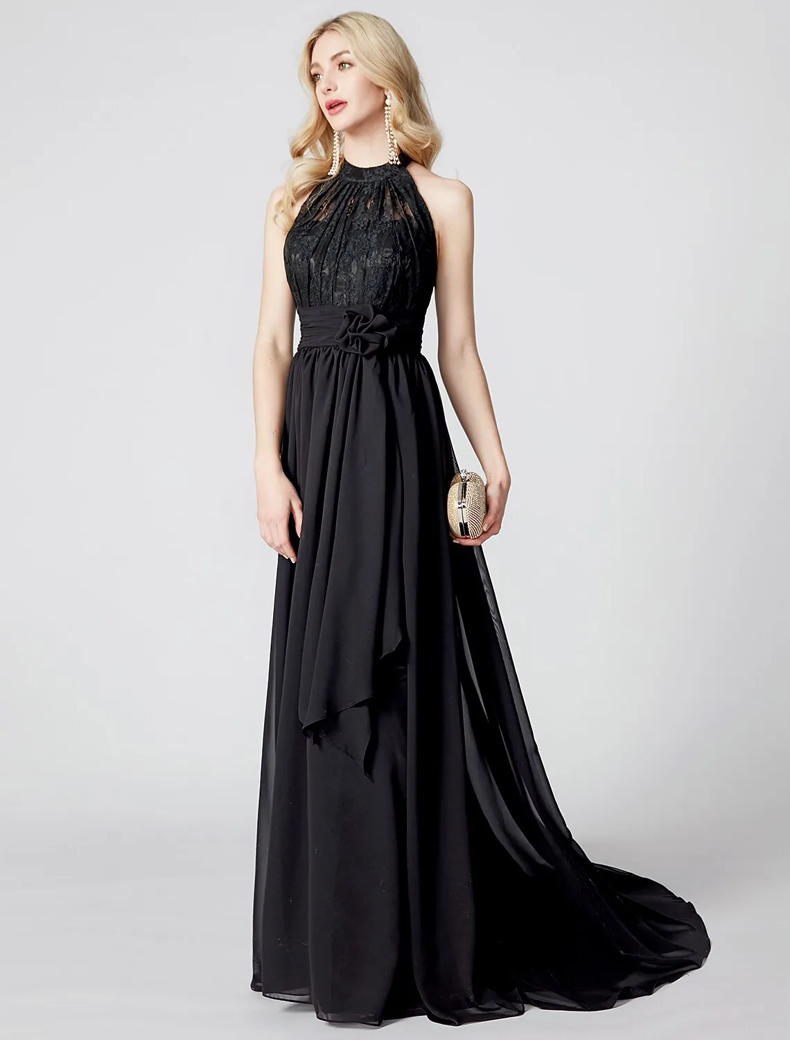 A-Line Elegant Minimalist Prom Formal Evening Dress Halter Neck Sleeveless Sweep / Brush Train Chiffon Corded Lace with Sash / Ribbon Pleats
