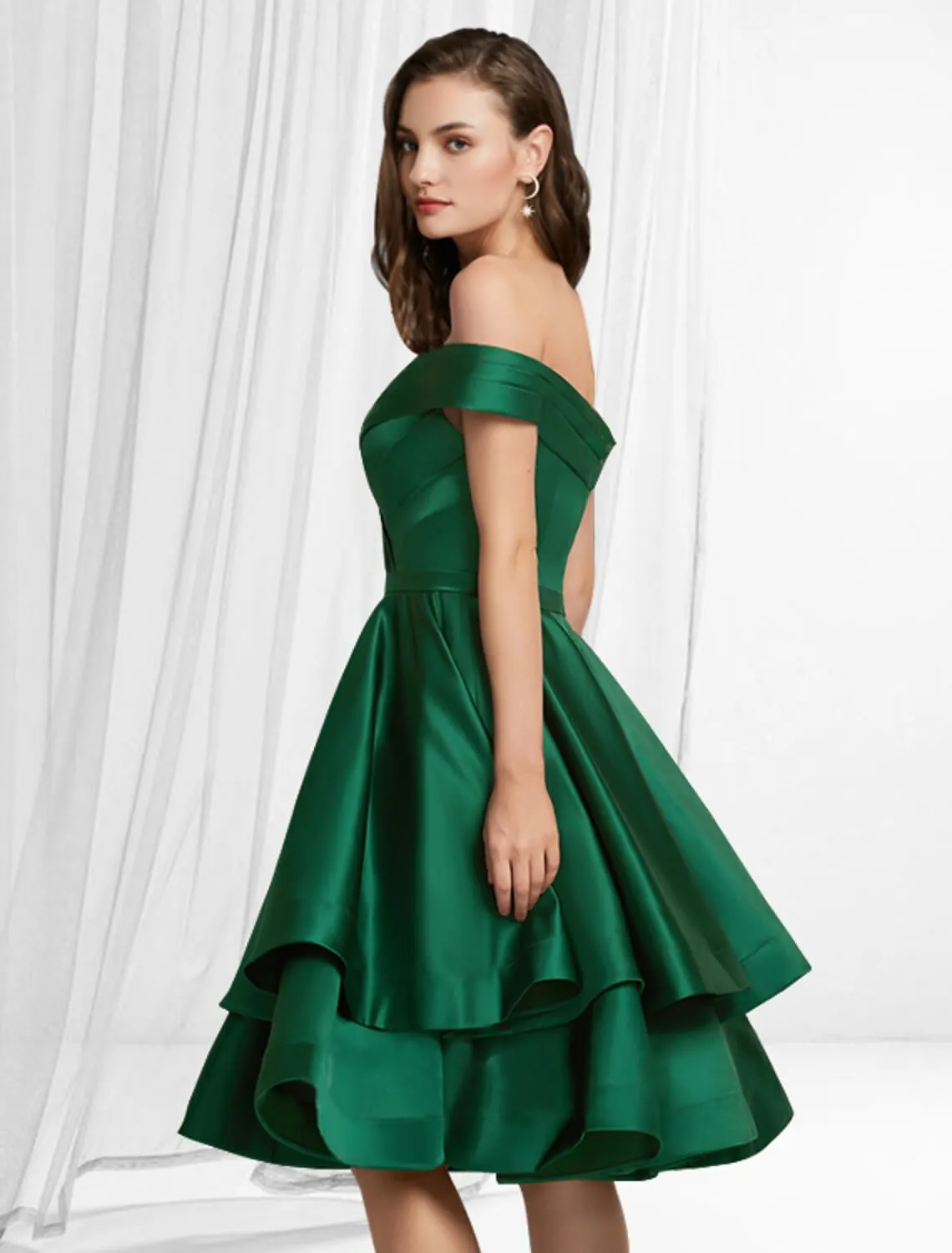 A-Line Empire Minimalist Party Wear Cocktail Party Dress Off Shoulder Sleeveless Knee Length Satin