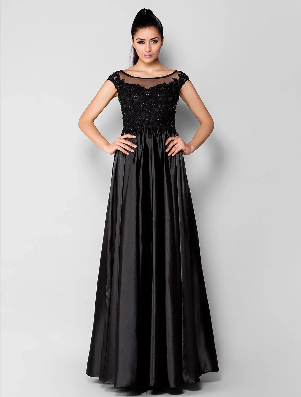 Ball Gown Minimalist Formal Evening Dress Illusion Neck Short Sleeve Floor Length Stretch Satin with Beading Appliques