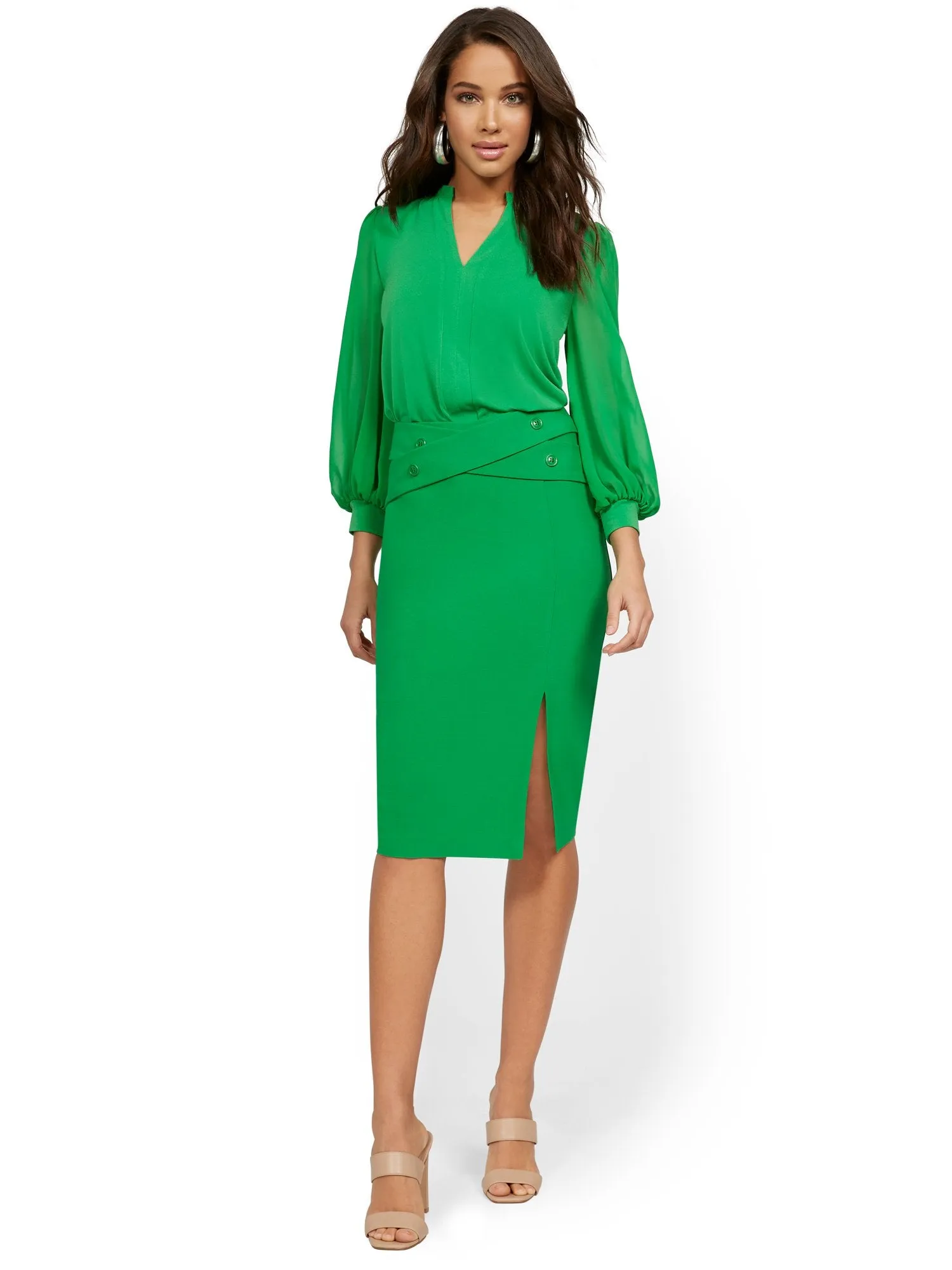 Cross-Panel Button-Front Pencil Skirt