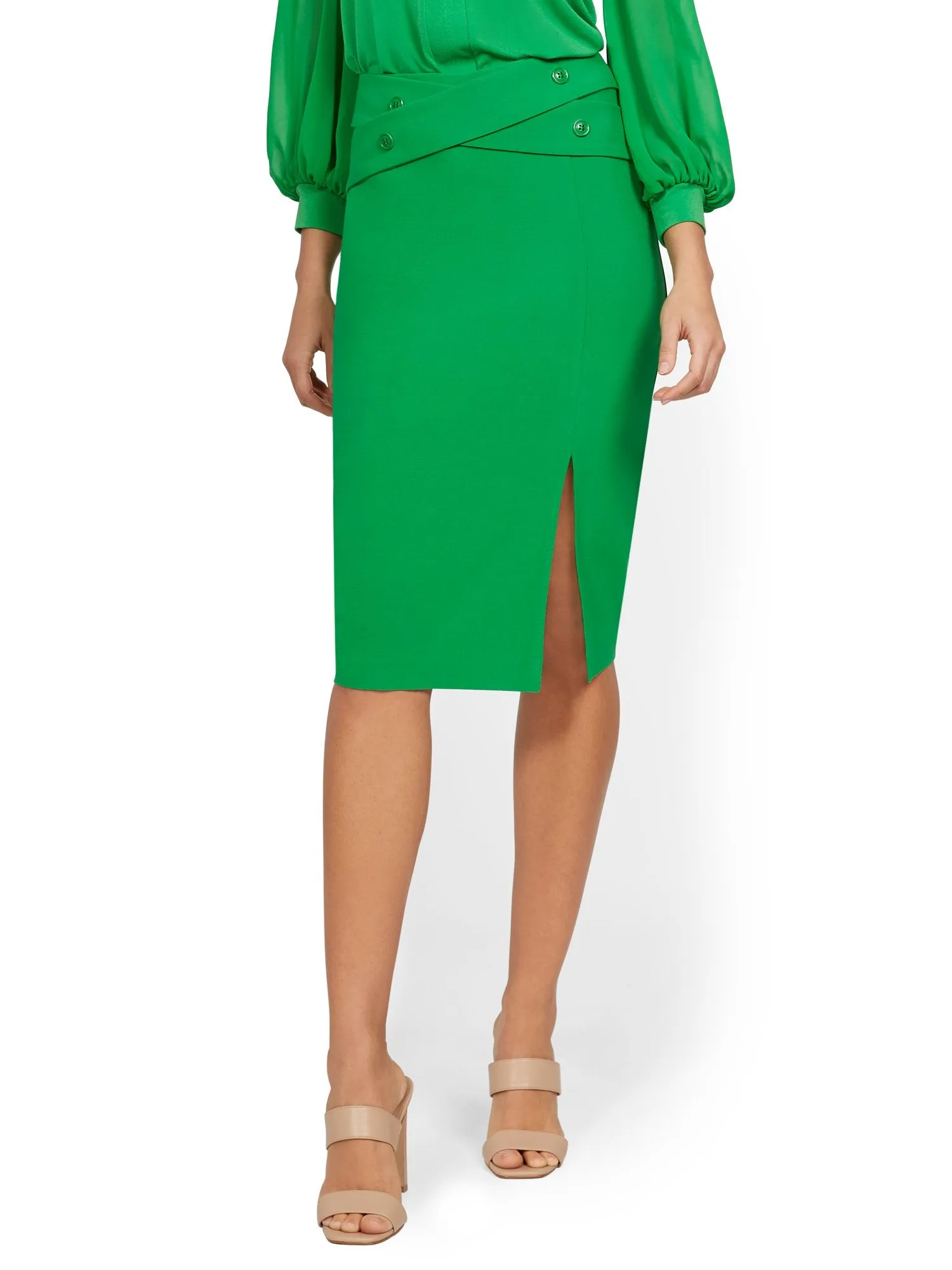 Cross-Panel Button-Front Pencil Skirt