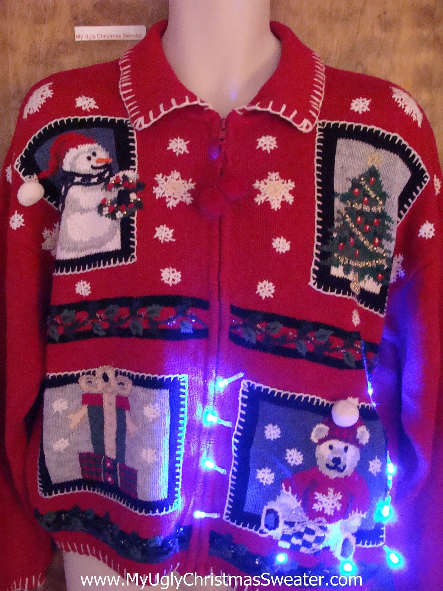 Cute Red Light Up Ugly Xmas Sweater with Teddy Bear