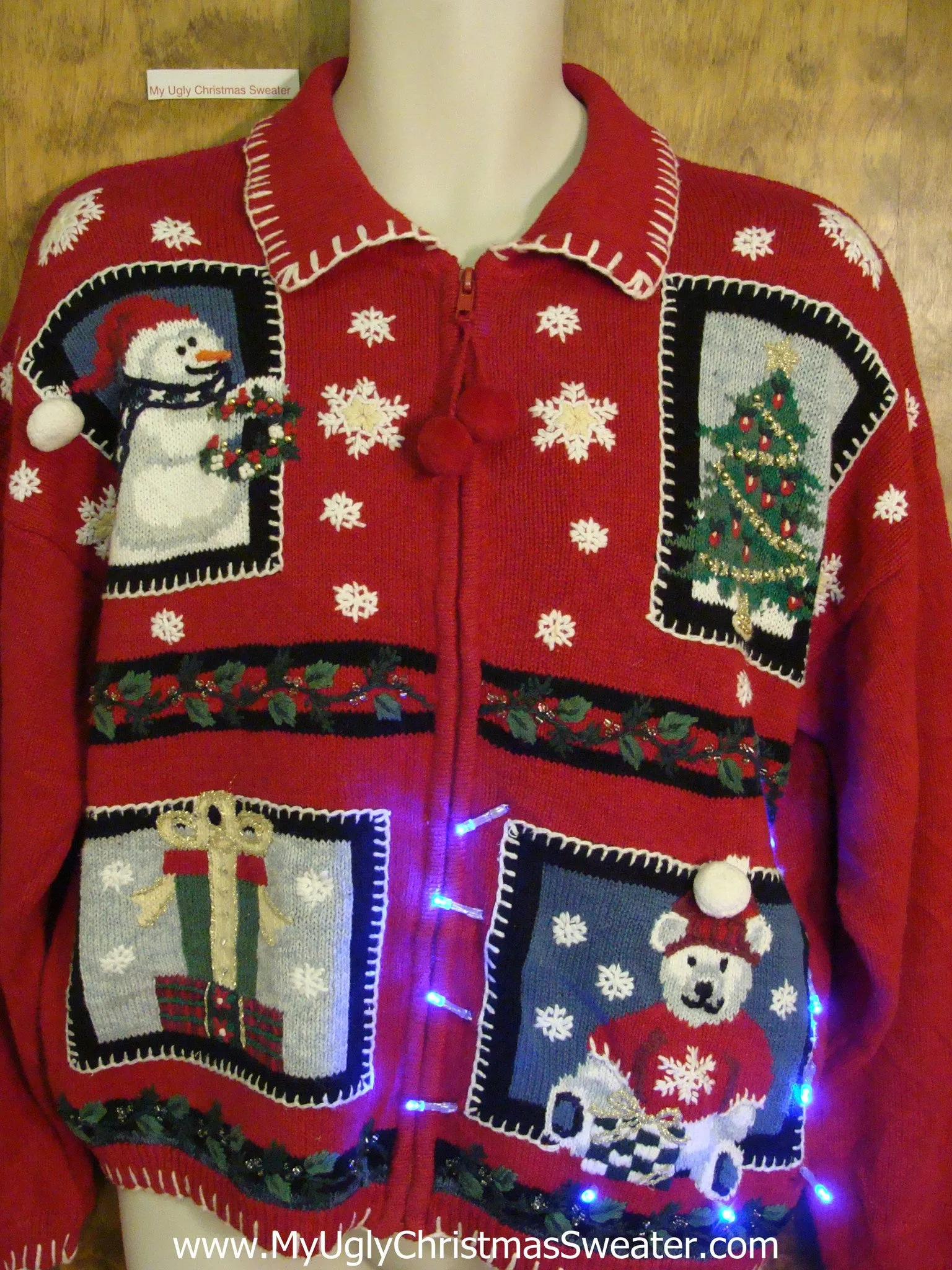 Cute Red Light Up Ugly Xmas Sweater with Teddy Bear