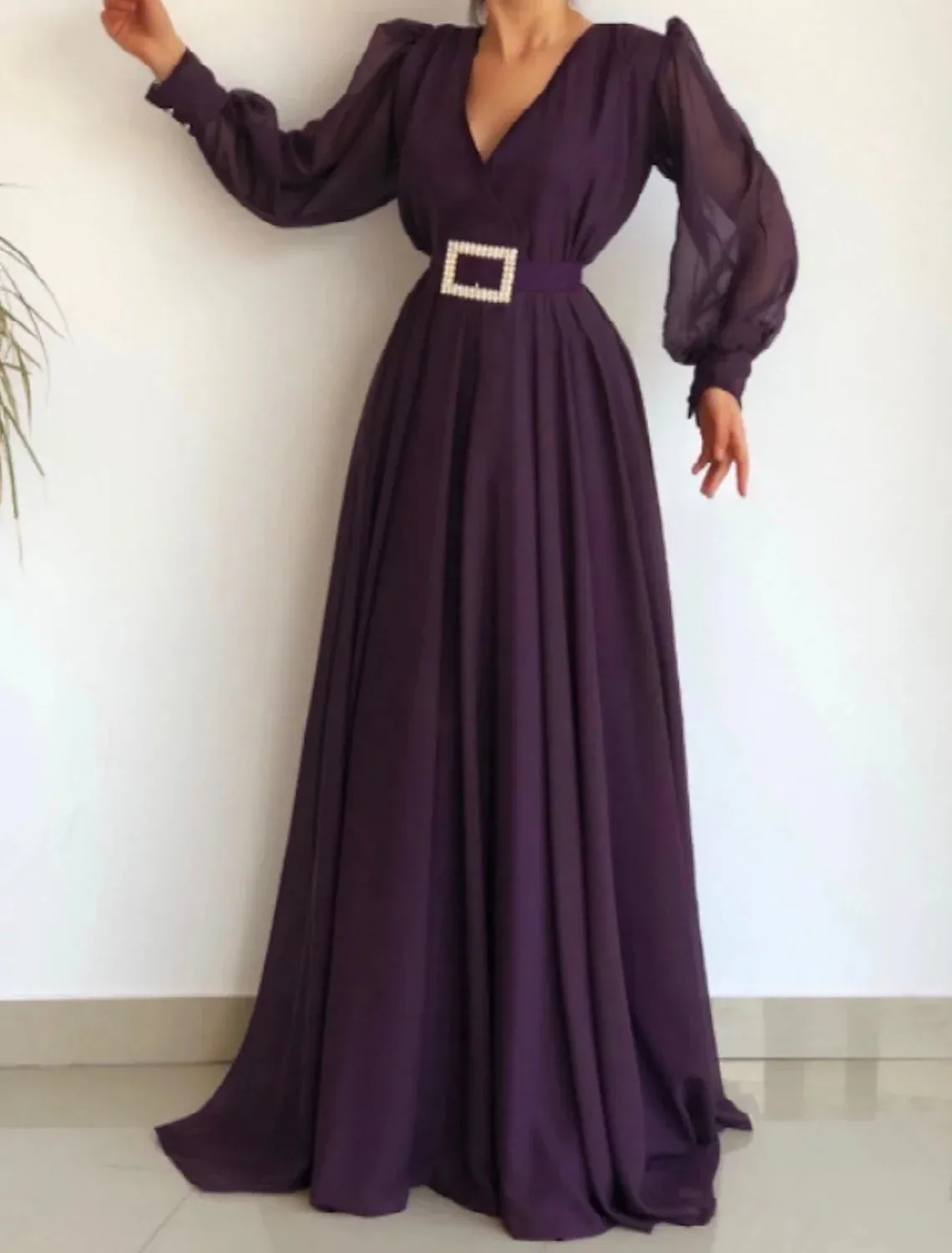 Elegant A-Line Minimalist Elegant Engagement Formal Evening Dress V Neck Long Sleeve Floor Length Chiffon with Sash / Ribbon Pleats