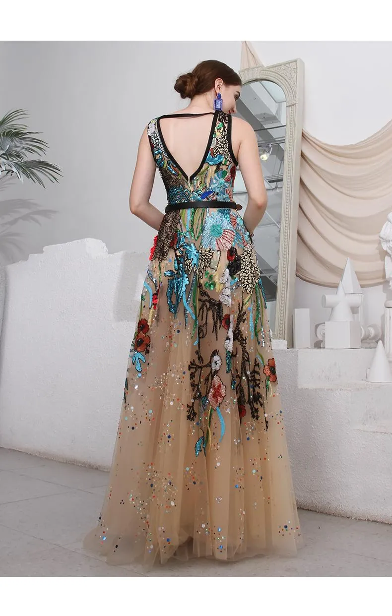 High-end Limited edition heavy work embroidery hand sequins de V-neck wedding evening gown dress  - Belize