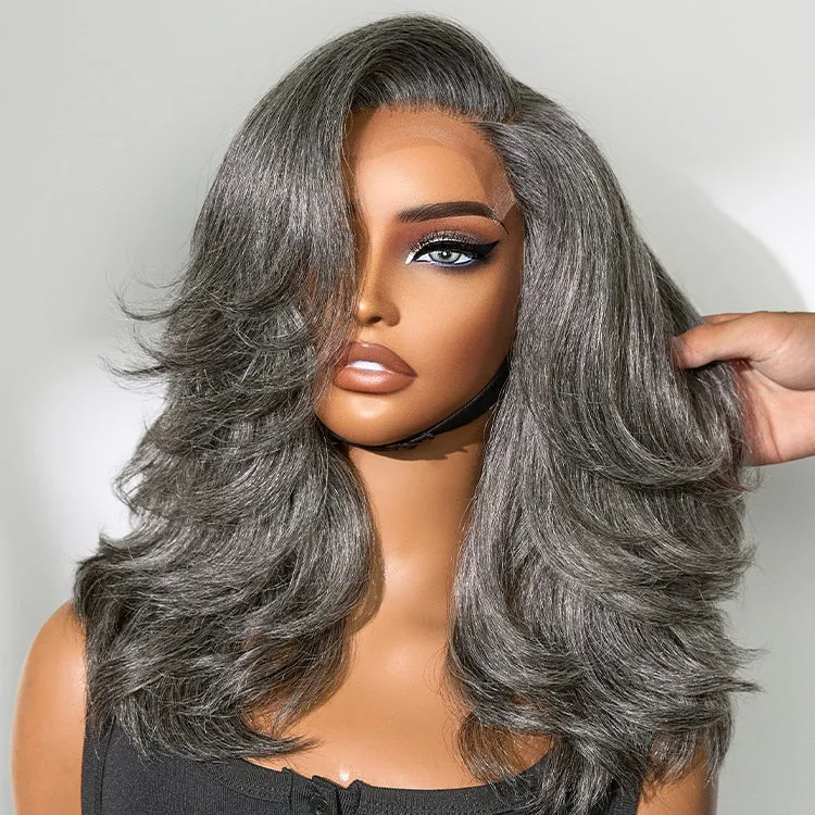 Weekly Special  | Layered Blowout Salt and Pepper Glueless Grey Wig Minimalist HD Lace Shoulder Length Wavy Wig
